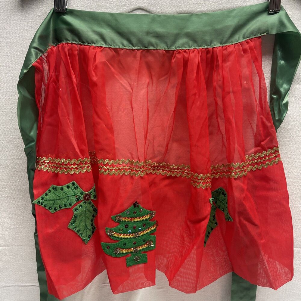 Vintage Handmade Red Christmas Sheer Kitchen Half Skirt Apron Trees Holly MCM